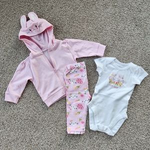 NWT Baby Place 3-6 Month Pink & White Easter Onesie, Leggings, Sweatshirt Outfit